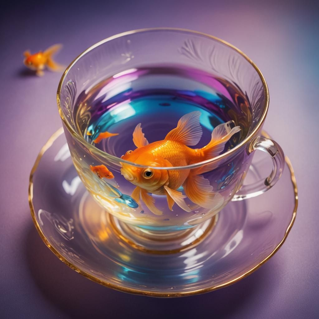A translucent teacup with a goldfish seen swimming inside