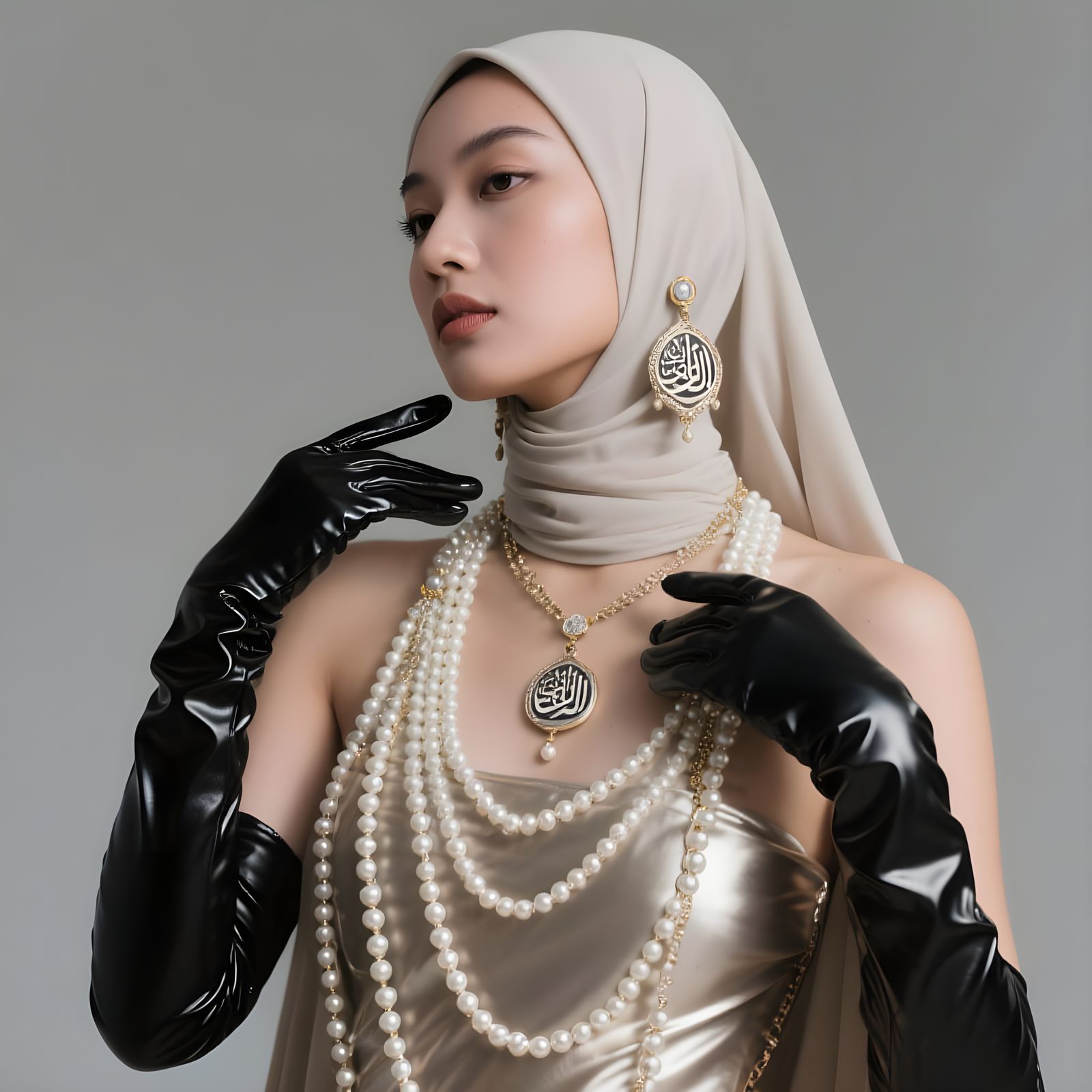 Elegant Asian Woman in Hijab with Pearl Chain