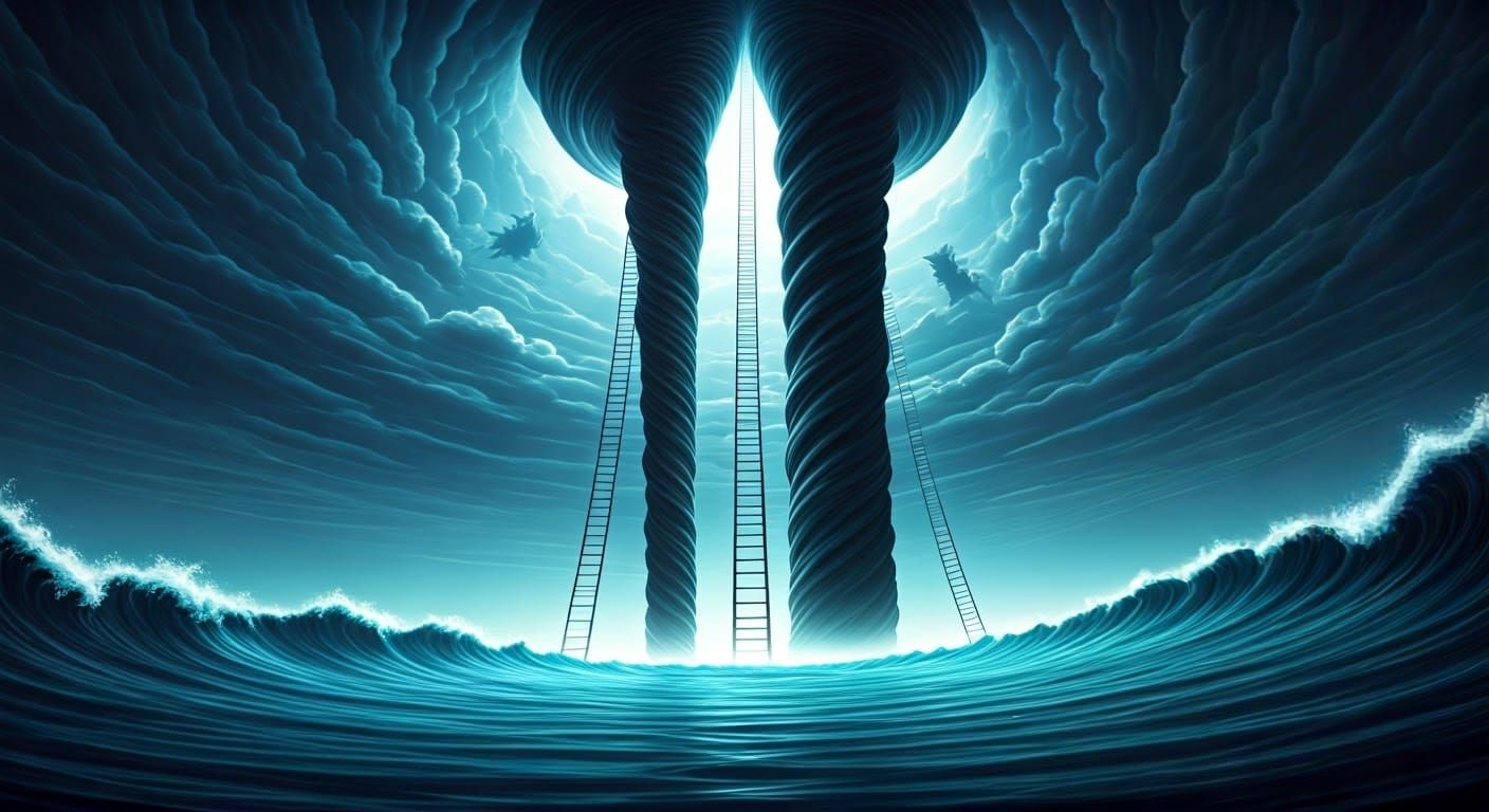 Escher-inspired Ladders Amidst Storm and Mythical Creatures