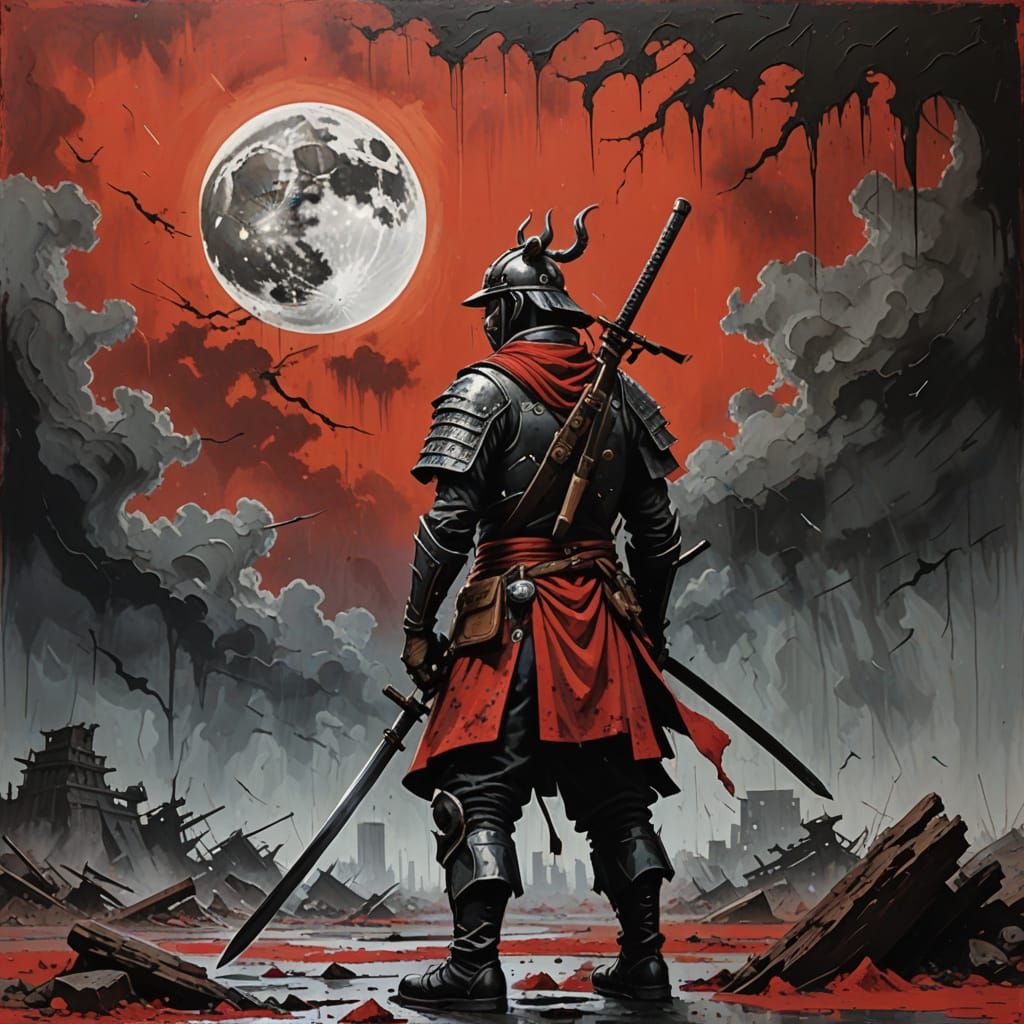 Samurai Warrior on Stormy Battlefield in Street Art Style