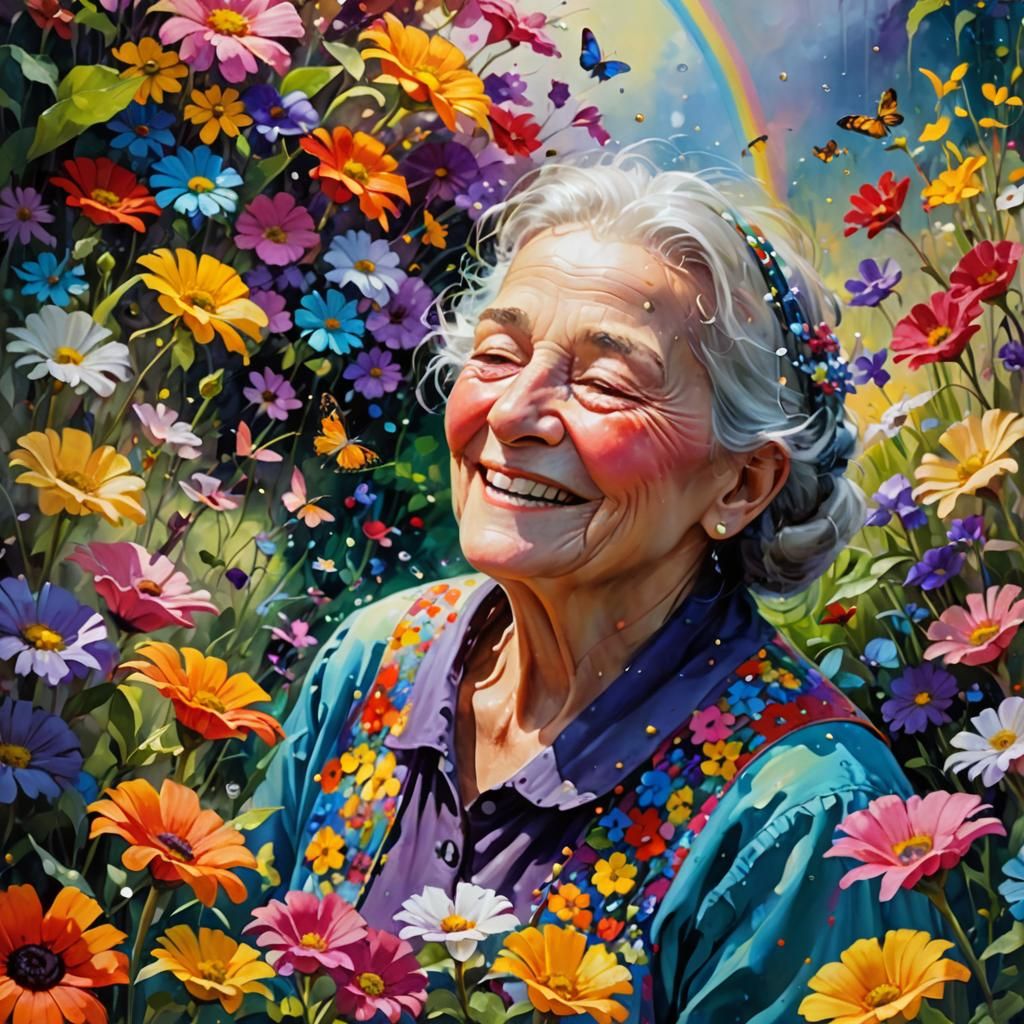Dreamlike Garden: Surreal Painting of Smiling Woman