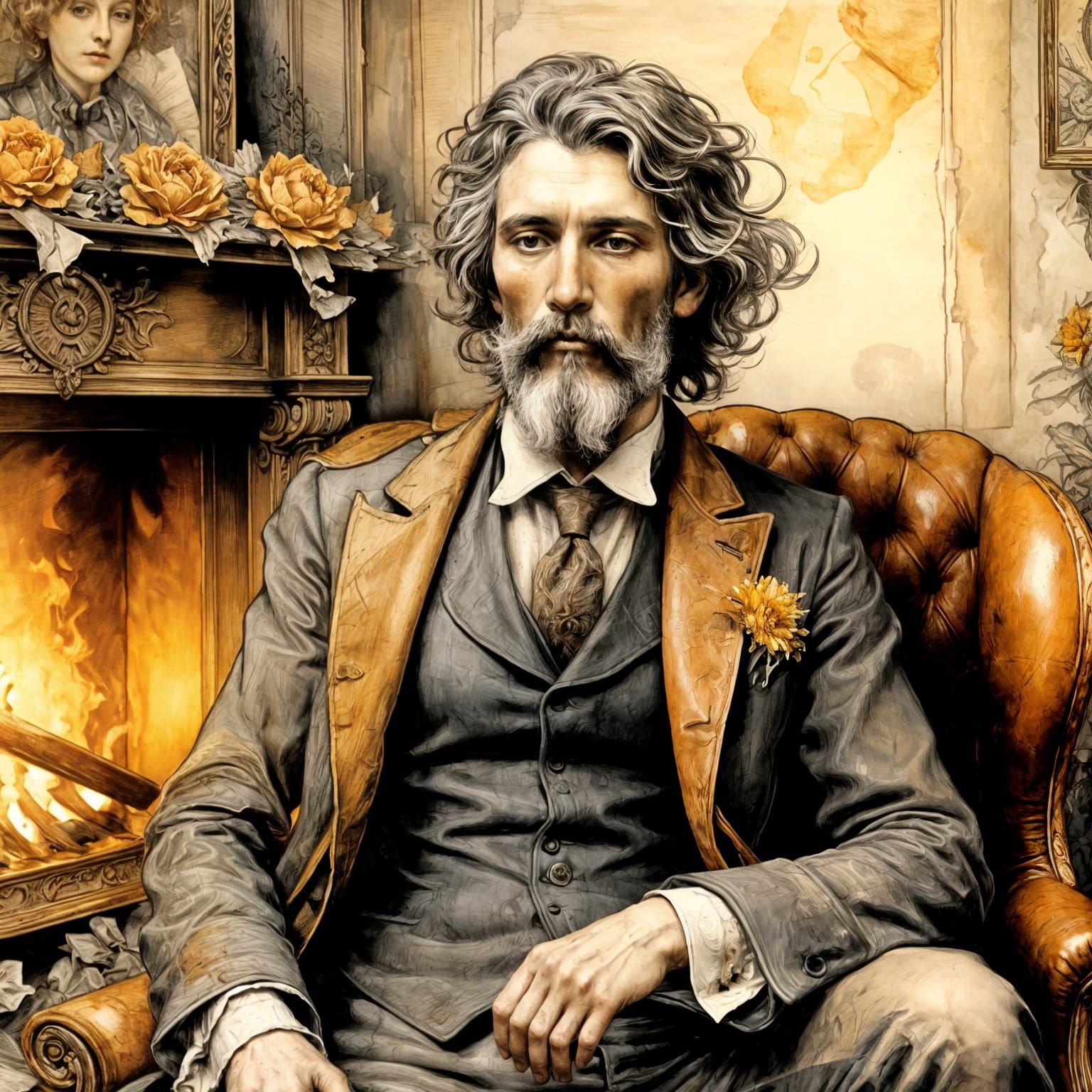 Victorian Gentleman Gazing into Winter Fireside