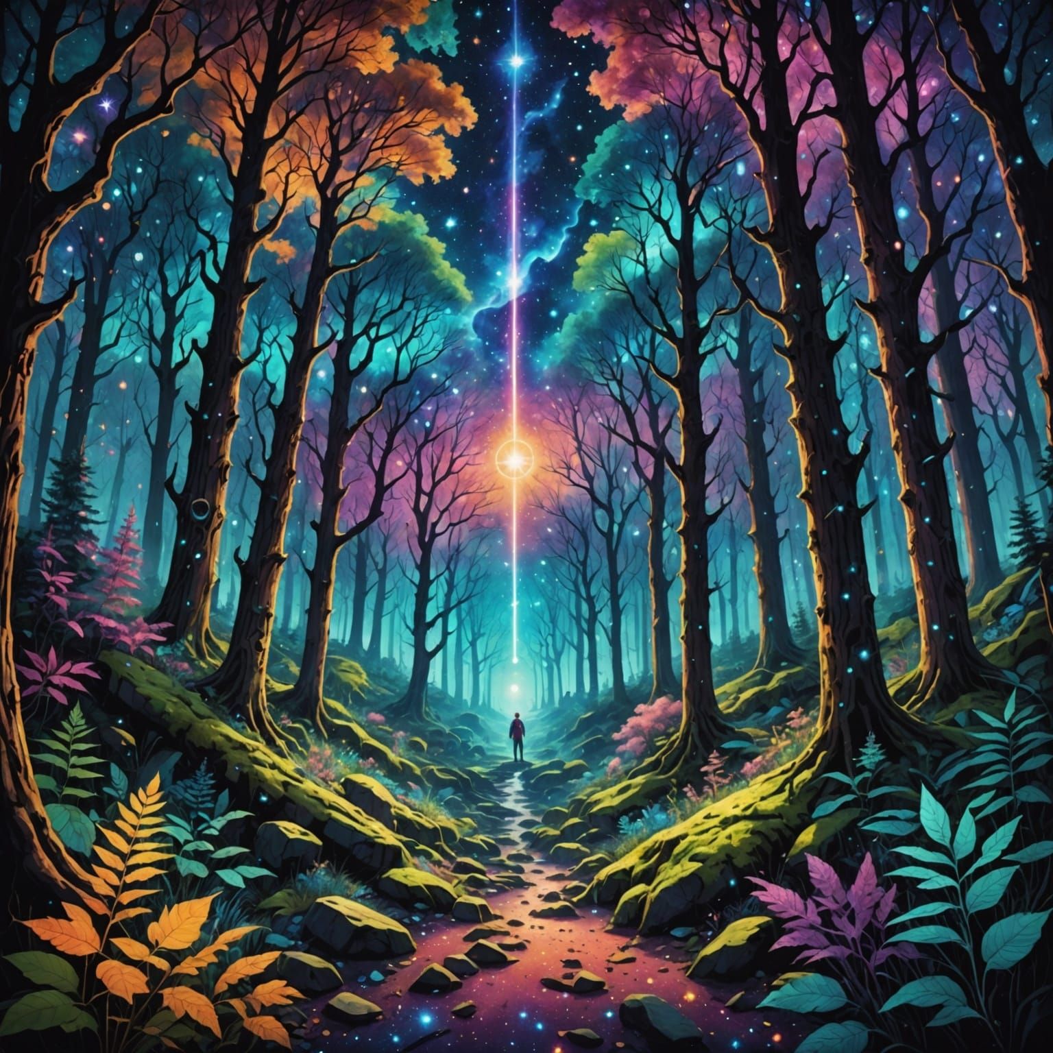 Cosmic Woods in Vibrant Holographic Style