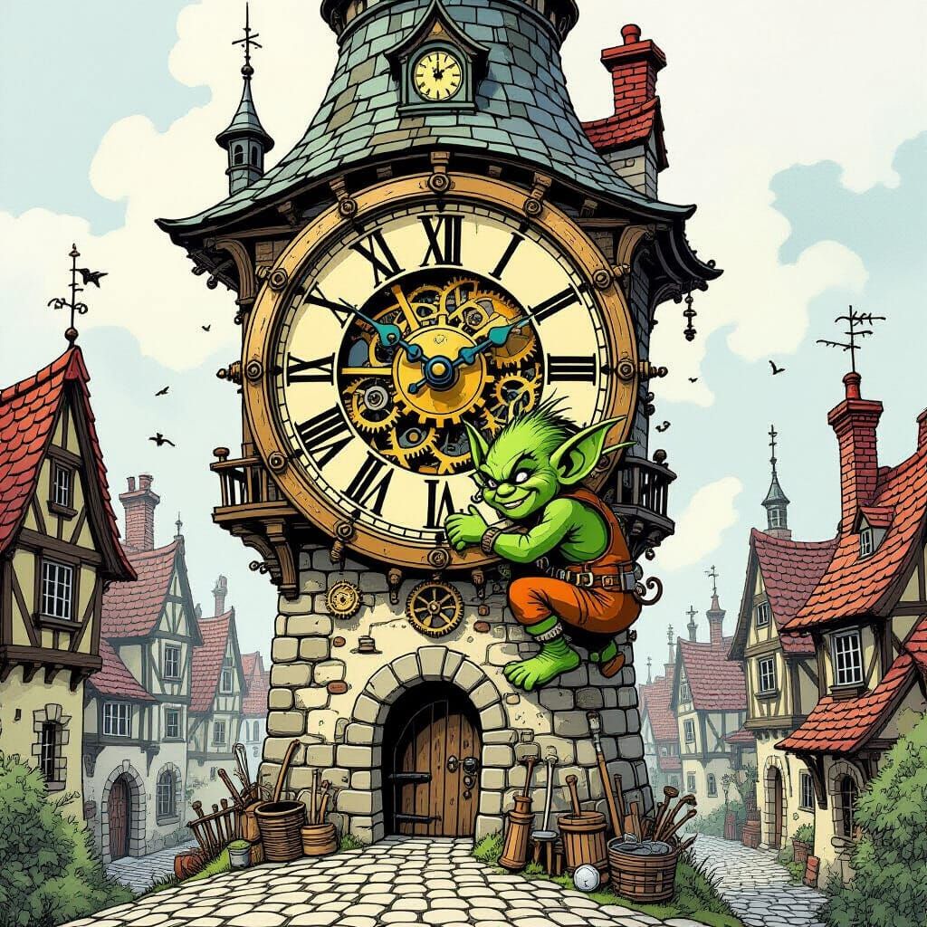 Gremlin Tinkering in Clock Tower: Rackham-esque Illustration