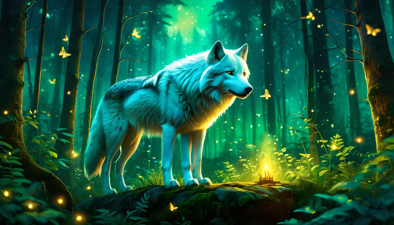 Glowing White Wolf in Emerald Forest, Neon Fairytale