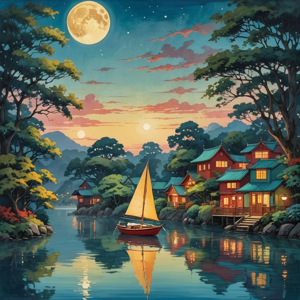 Sailboat House at Twilight: Whimsical Dreamscape