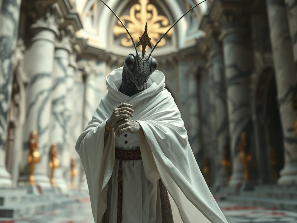 Insect Grasshopper Priest in Hellish Cathedral