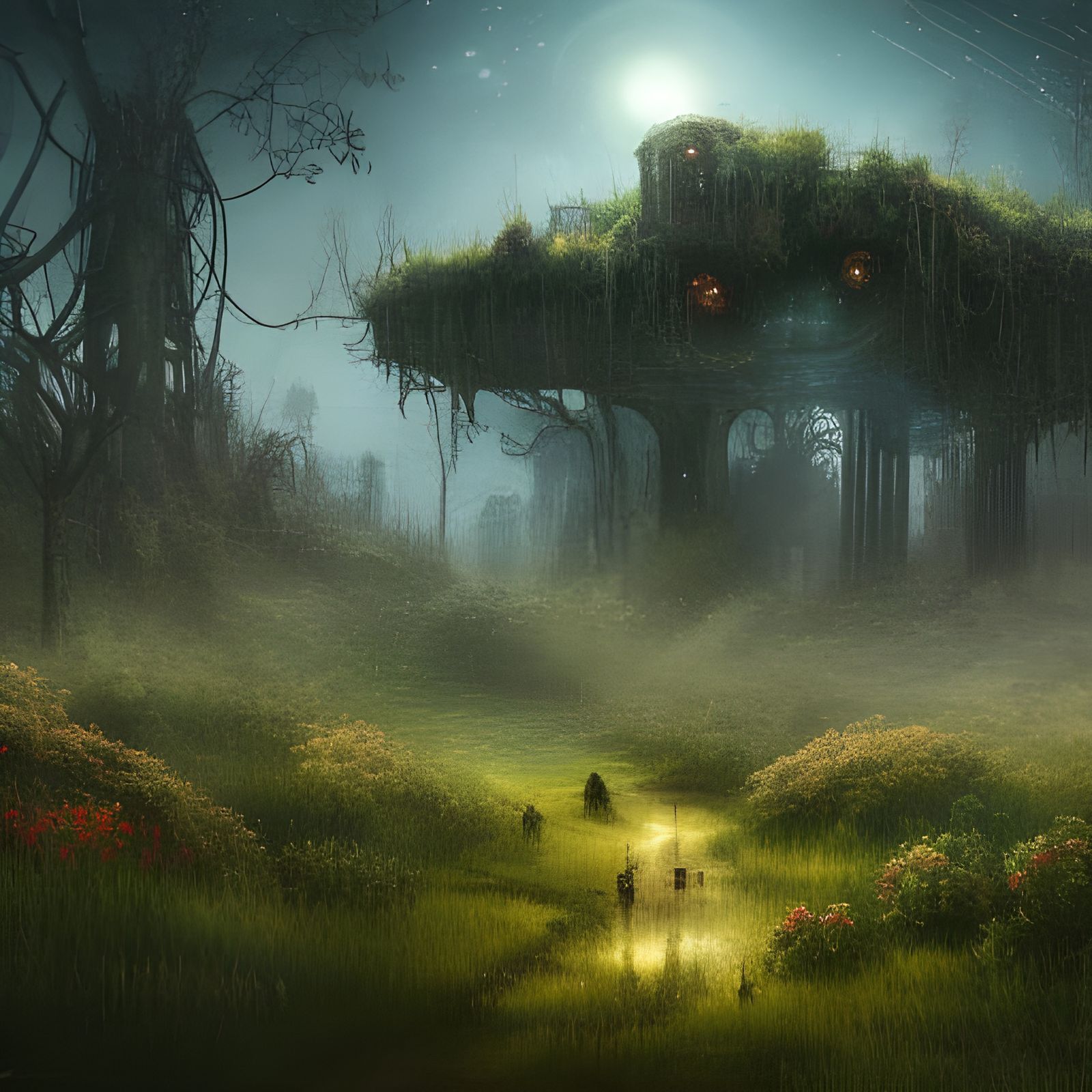 Post-Apocalyptic City Reclaimed by Nature at Night