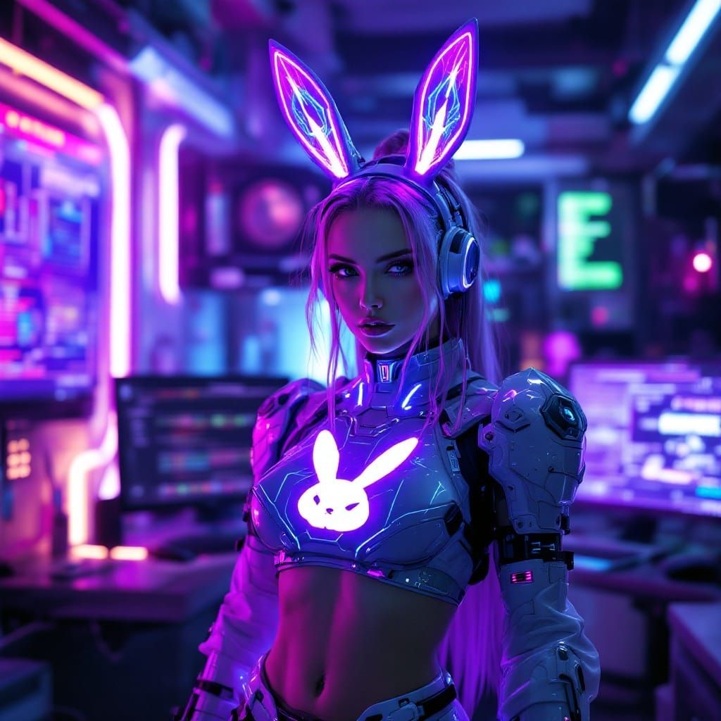 Glowing Cyberpunk Bunny Goddess in High-Tech Lair