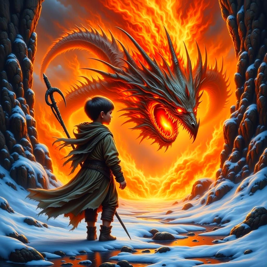 Young Adventurer Stands Firm Against Fiery Beast in Shattere...