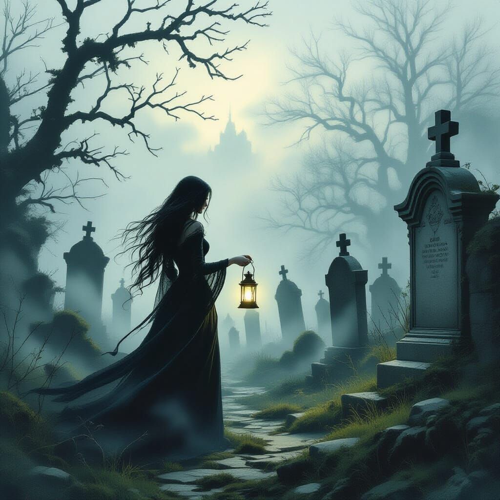 Ethereal Woman with Lantern in Mysterious Graveyard