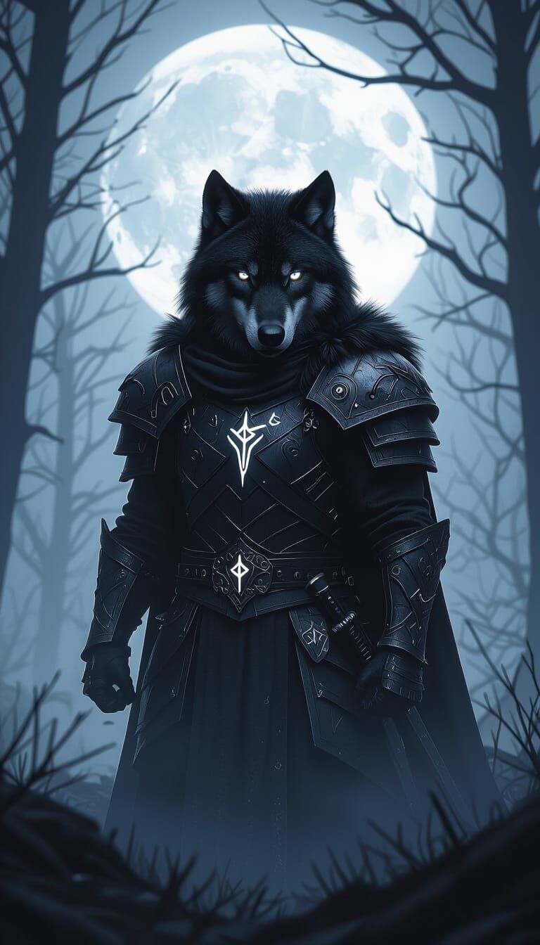 Dark Fantasy Wolf Warrior in Misty Nordic Forest
