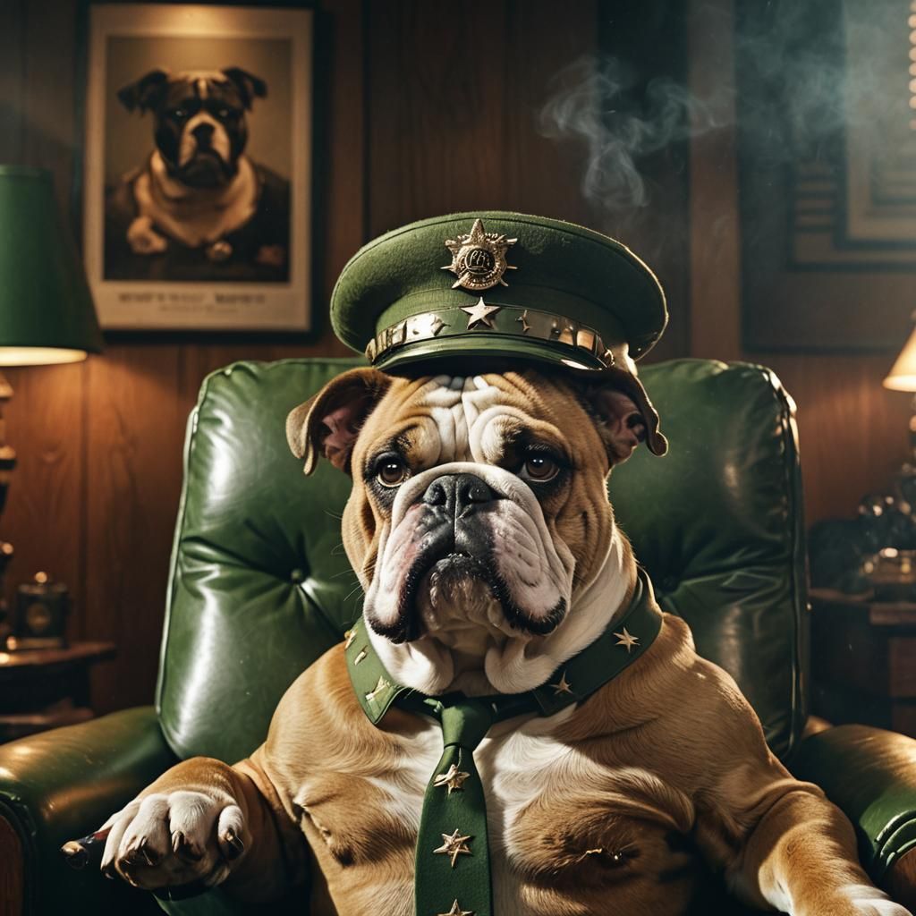 Angry Bulldog Smoking Cigar in Military Beret