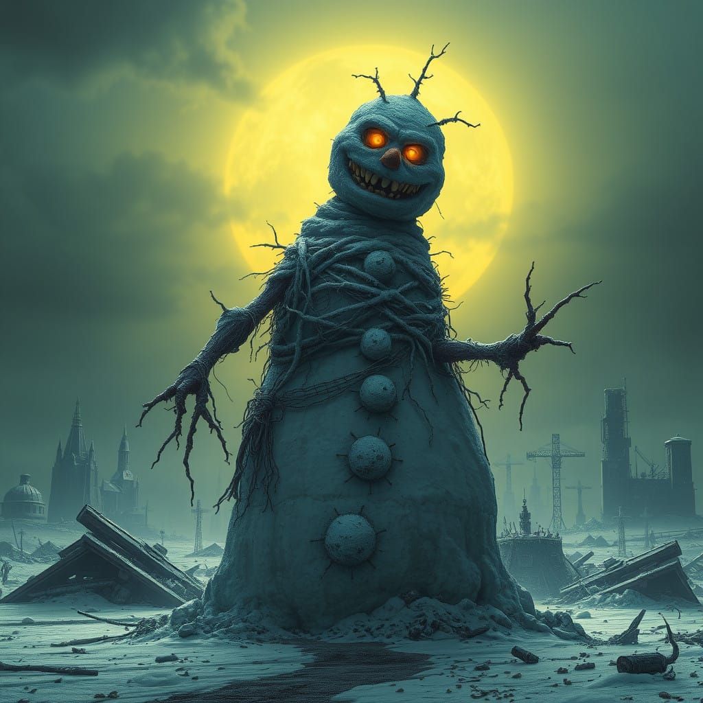 Cyberpunk Apocalypse Snowman in a Toxic Wasteland