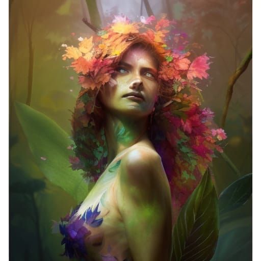 Rainbow Leaf Plant Woman in Dark Fantasy Style