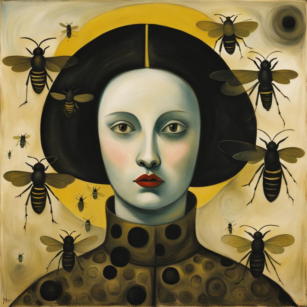 Woman Surrounded by Hornets in Surrealist Style