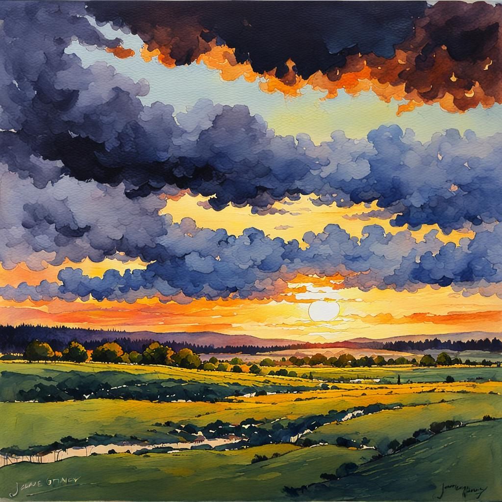 Stormy Sunset Landscape in Watercolor Style