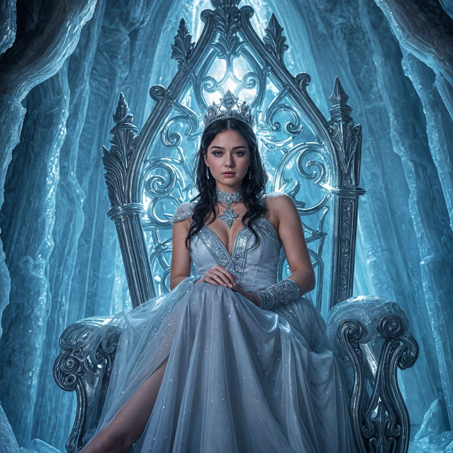 Ice Queen on Throne in Shimmering Palace