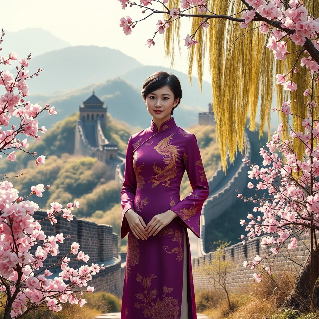 Elegant Lady in Traditional Chinese Attire Amidst Blossoming...