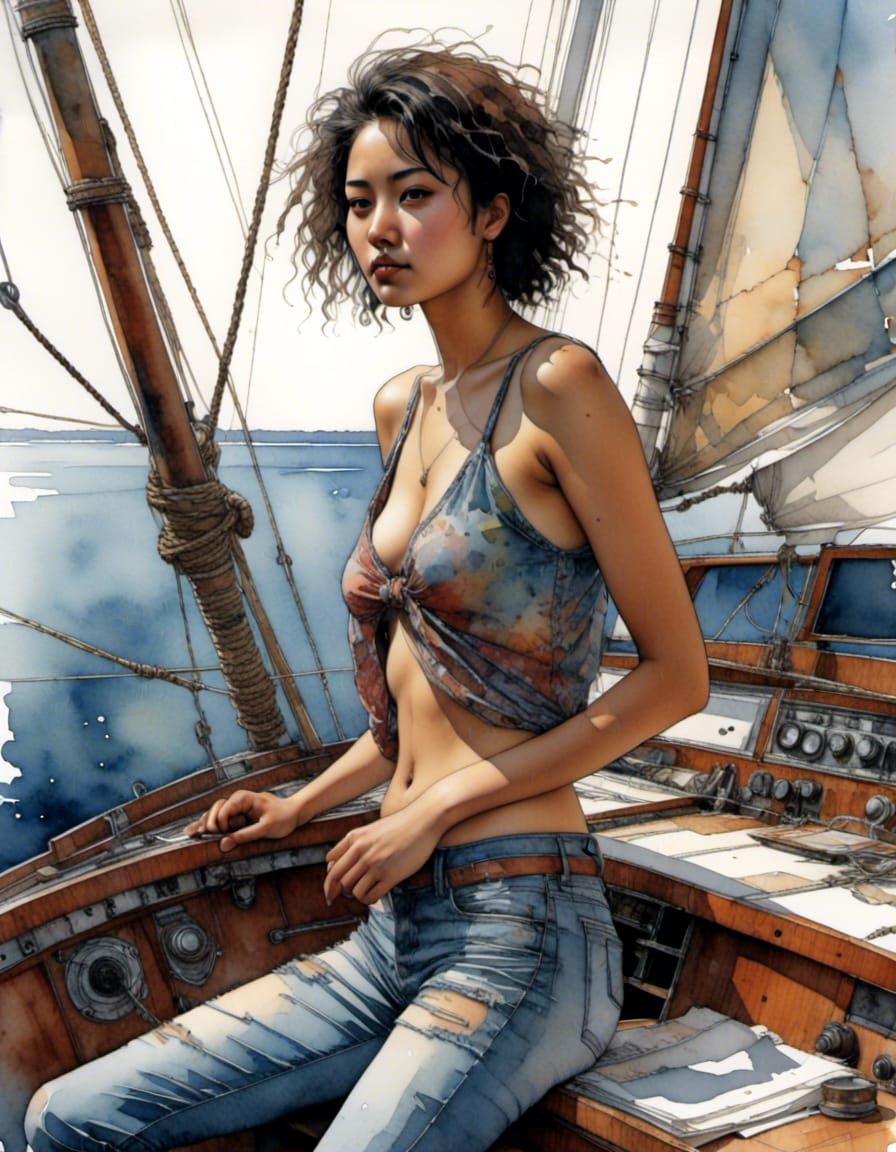 Beautiful Woman on Sailboat in Chiaroscuro Comic Style