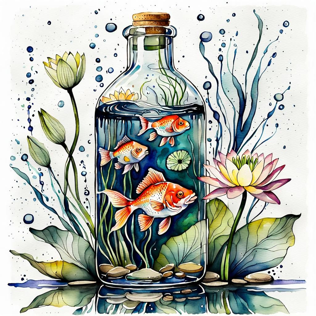 Goldfish and Waterlily in Glass Bottle, Watercolor