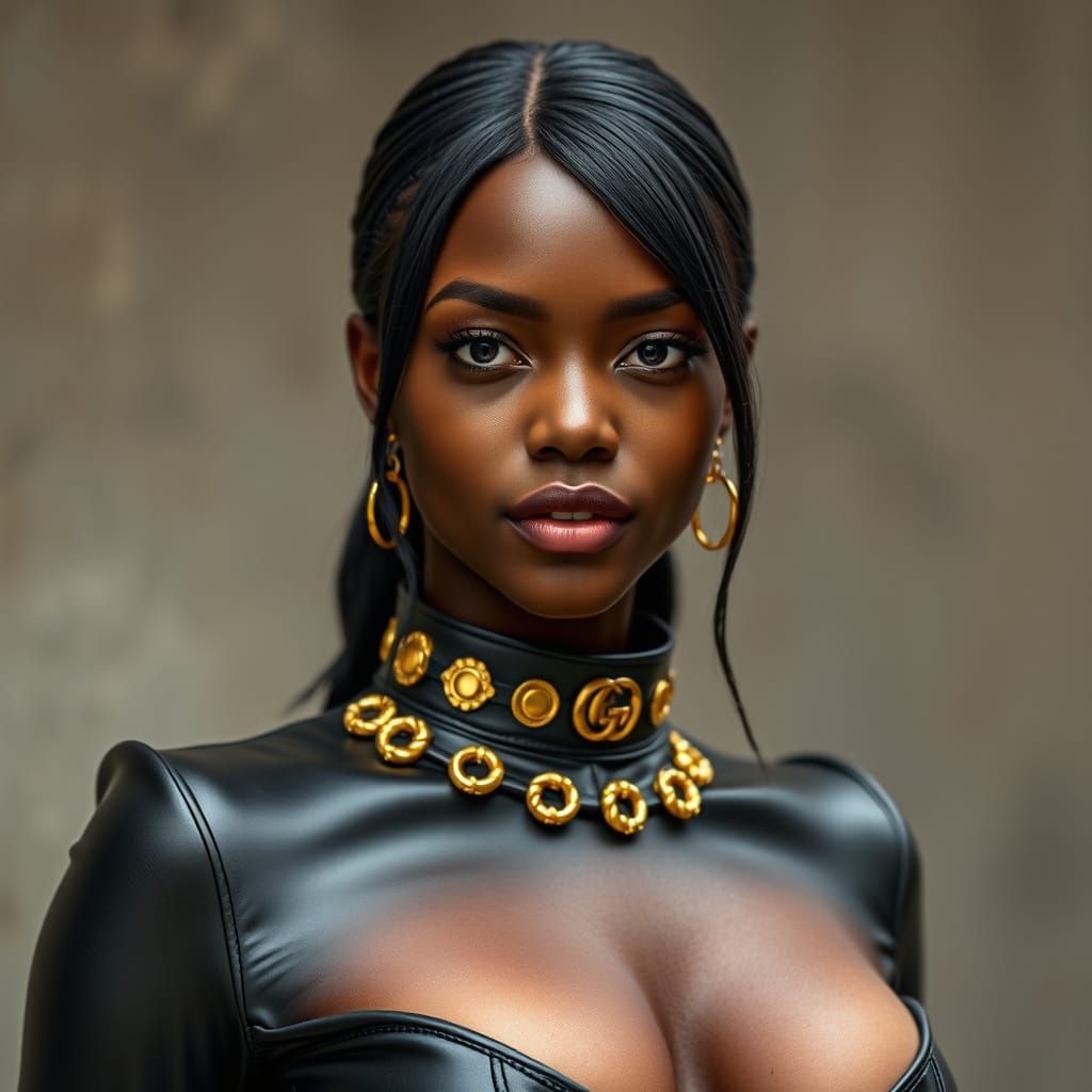 Young Ebony Woman in Leather Attire, Hyper Realistic 4K Port...
