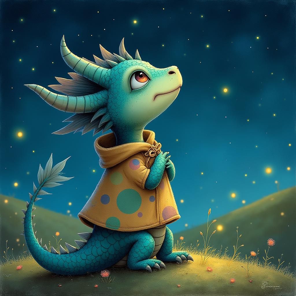Dragon Gazing at Starry Sky, Dreamy Fantasy Art