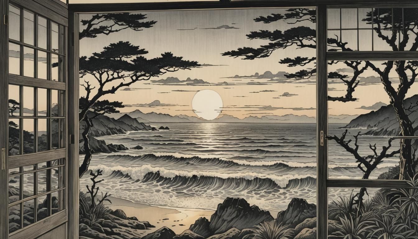 Beach House Over Pacific Ocean: Meiji Era Woodblock