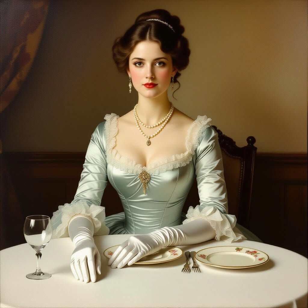 1800s Woman in Elegant Gown at Dinner, Realistic Style