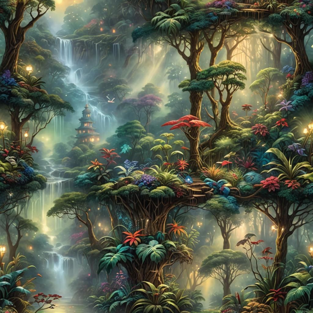 Rainforest Stained Glass Lamp in Kinkade Style