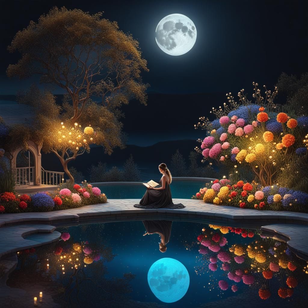 Woman Reads by Pool in Palekh Style