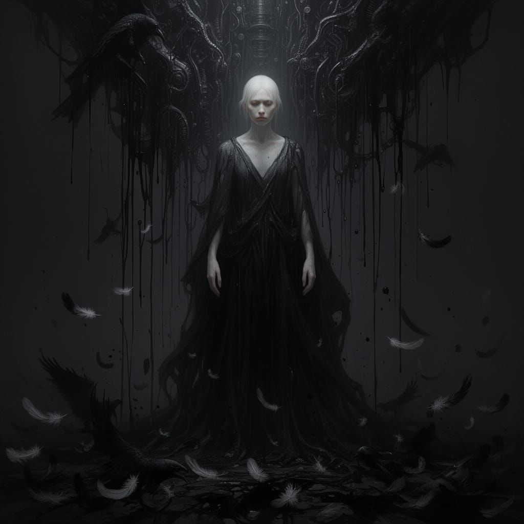 Ethereal Figure Under Black Paint and Feathers
