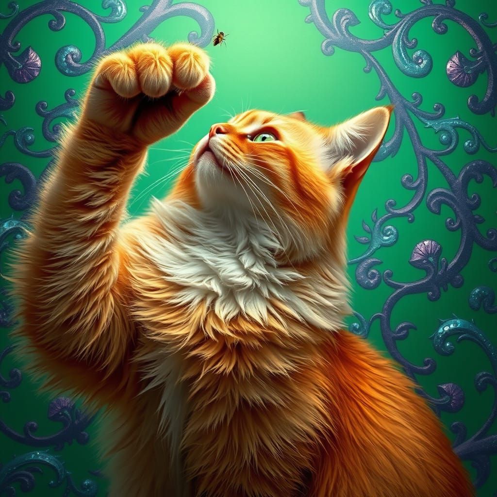 Regal Cat Slashes Fly with Dramatic Claw, Whiskers Twitching