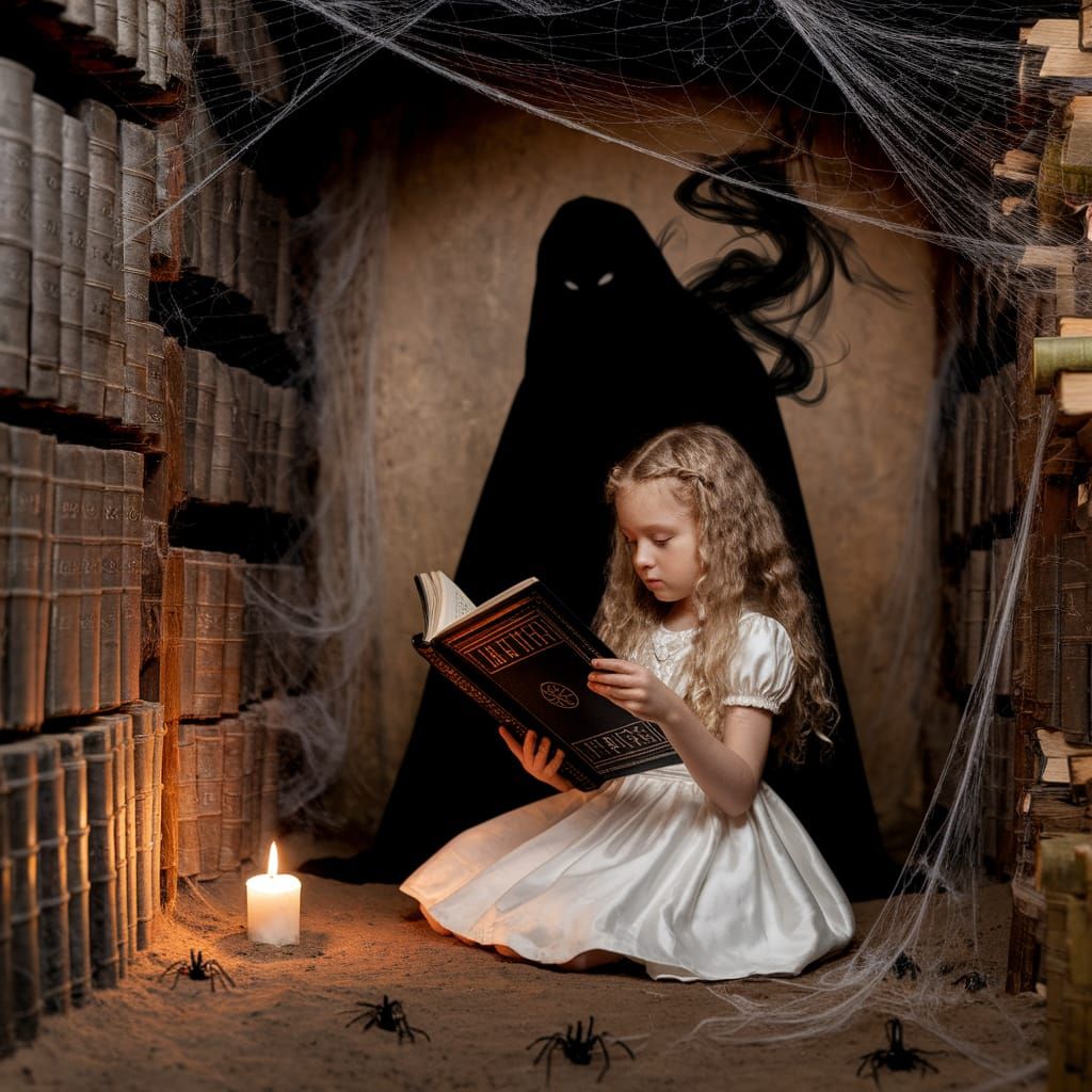 Girl Reads Runes in Dusty Library