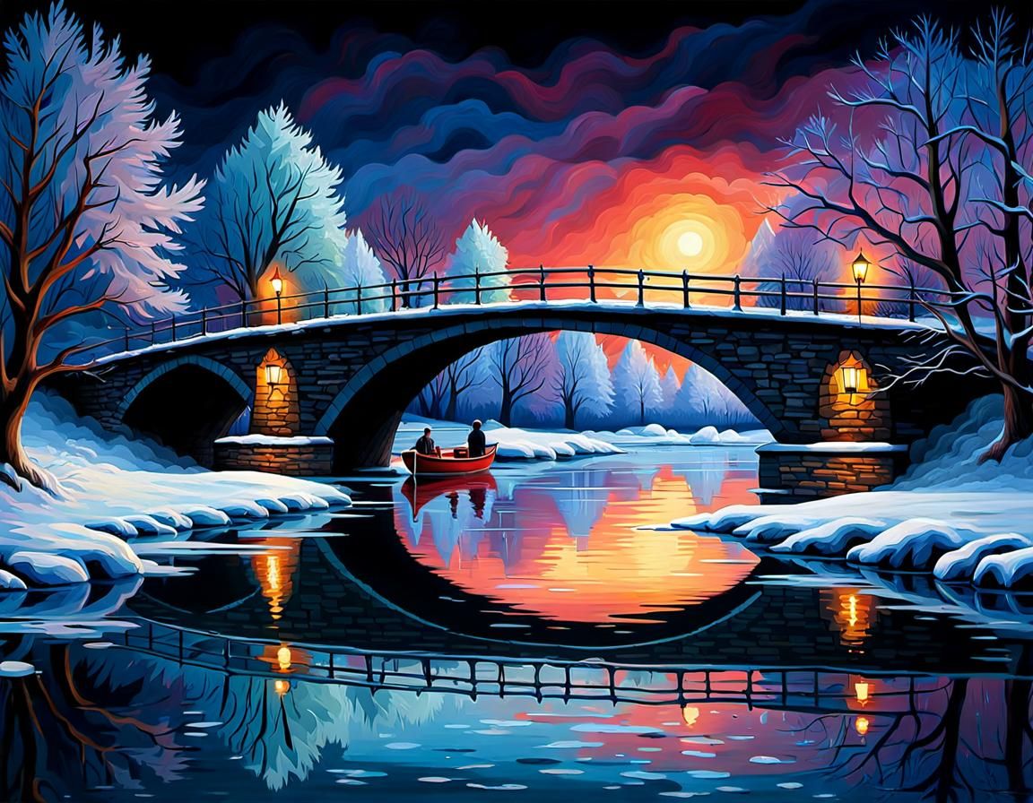 Epic Night Riverscape Reflecting in Ice, Expressionist Style