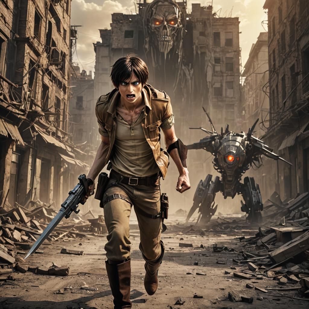 Eren Yeager Charges into Battle: A Dark Fantasy Illustration