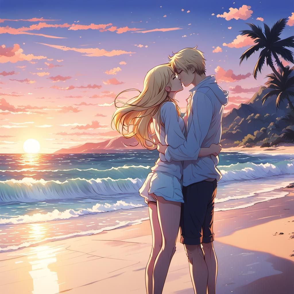 Anime-Style Sunset Kiss on the Beach