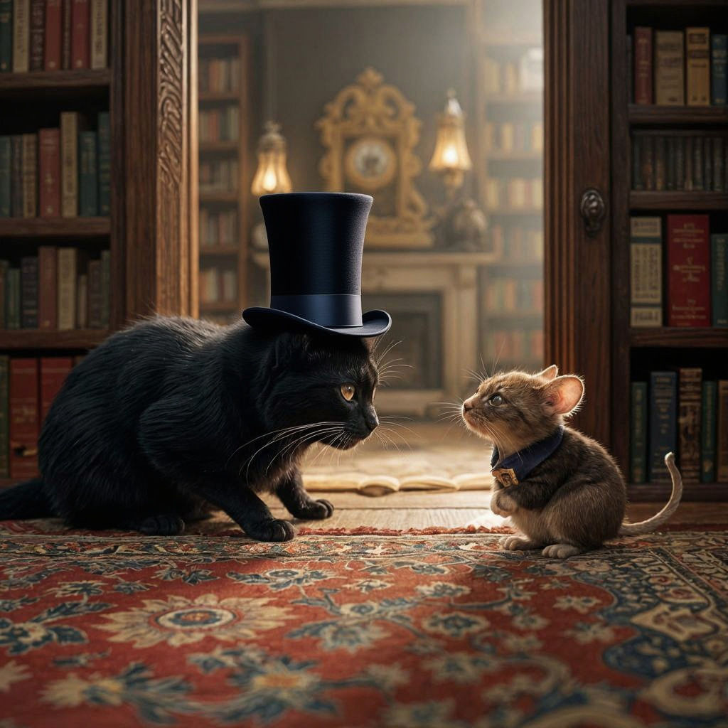 Black Cat Discovers Mouse in Cozy Library