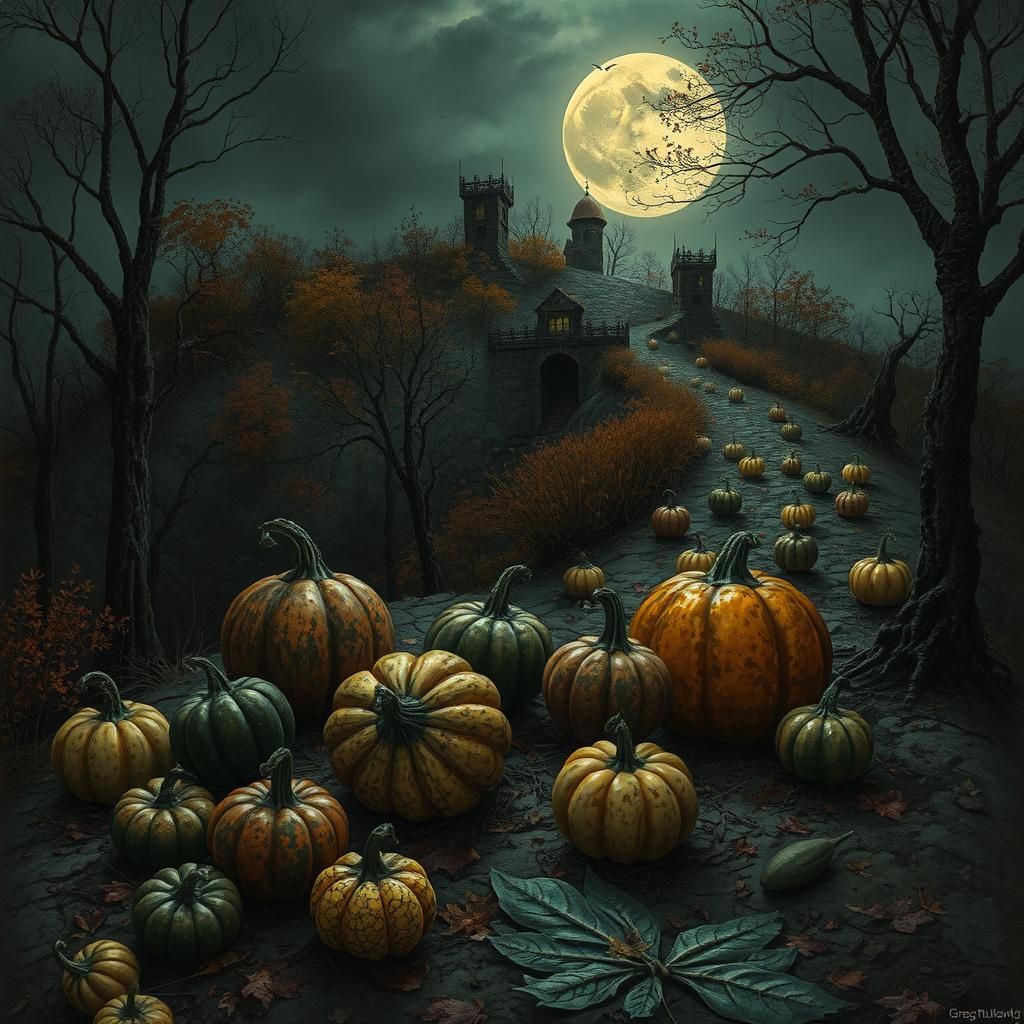Dark Fantasy Autumn Scene with Horror Gourds