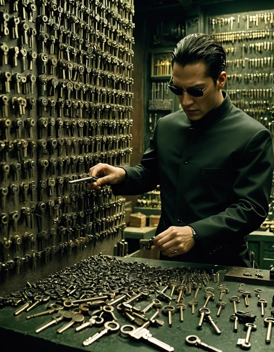 Keymaker's Workshop: Hyperrealistic Scene from The Matrix