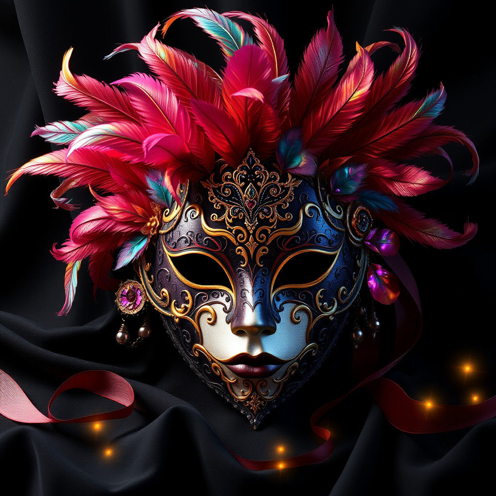Ornate Venetian Mask with Iridescent Feathers
