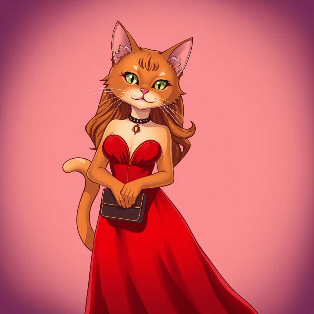 Ginger Cat in Red Gown: Anime Style Art
