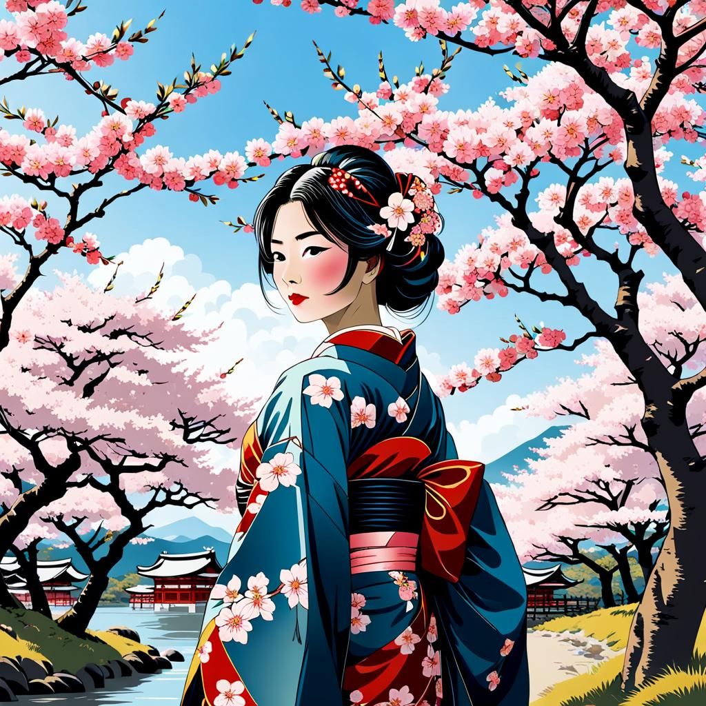 Ukiyo-e Image of Lady Under Cherry Blossom Tree