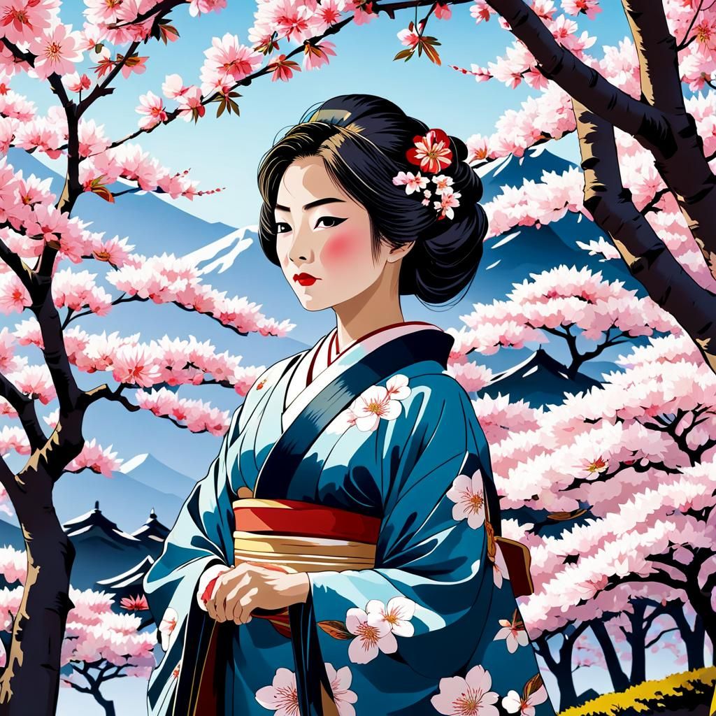Japanese Lady Under Cherry Blossoms in Ukiyo-e Style