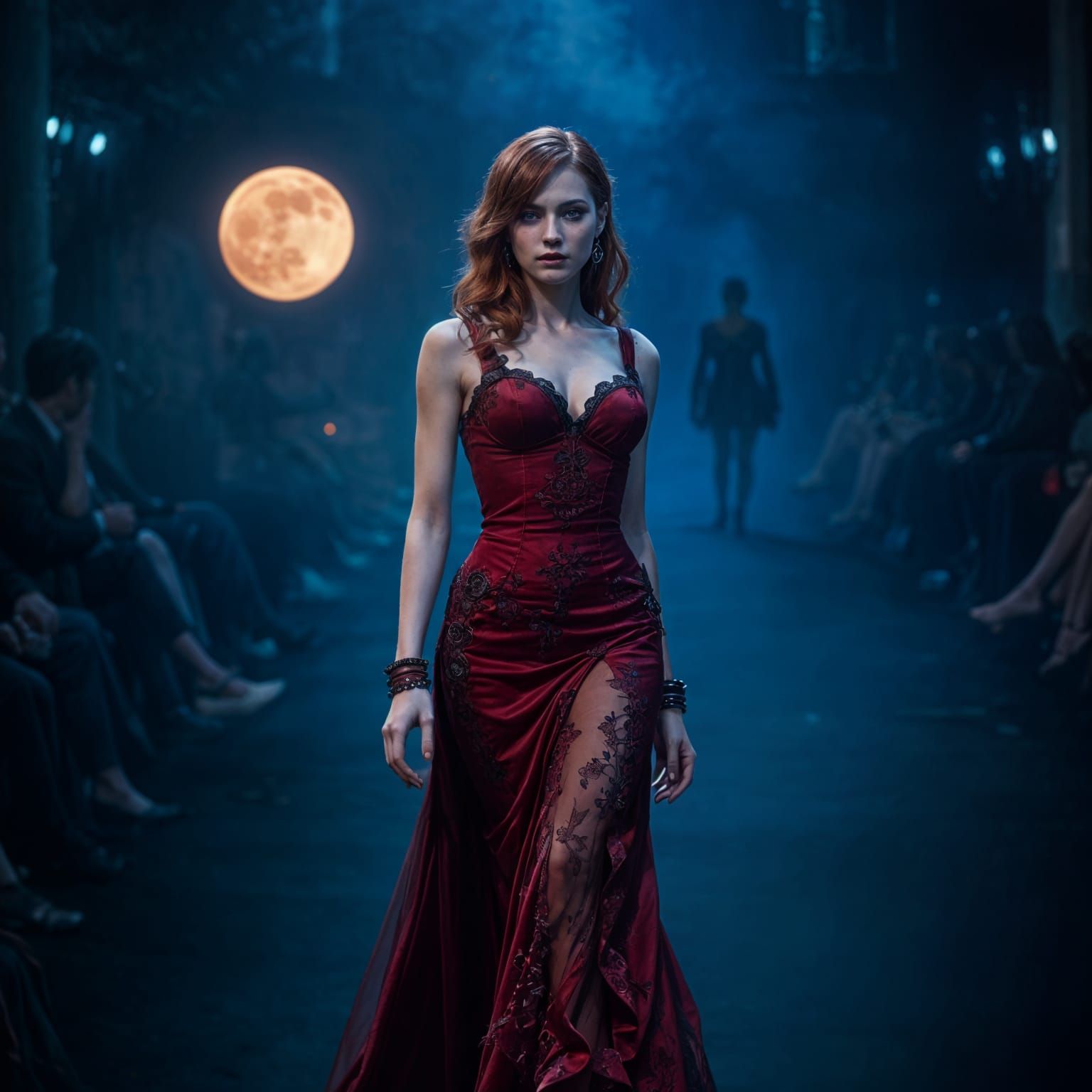 Beautiful redhead female modeling a blood red silk laced got...