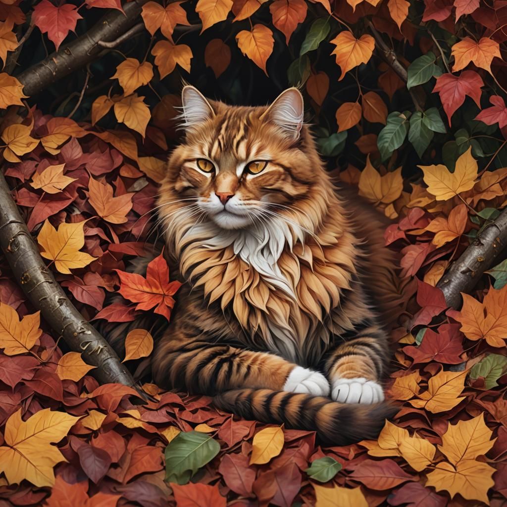 Sleeping Red Cat in Autumn Leaves: Hyper-Realistic Art