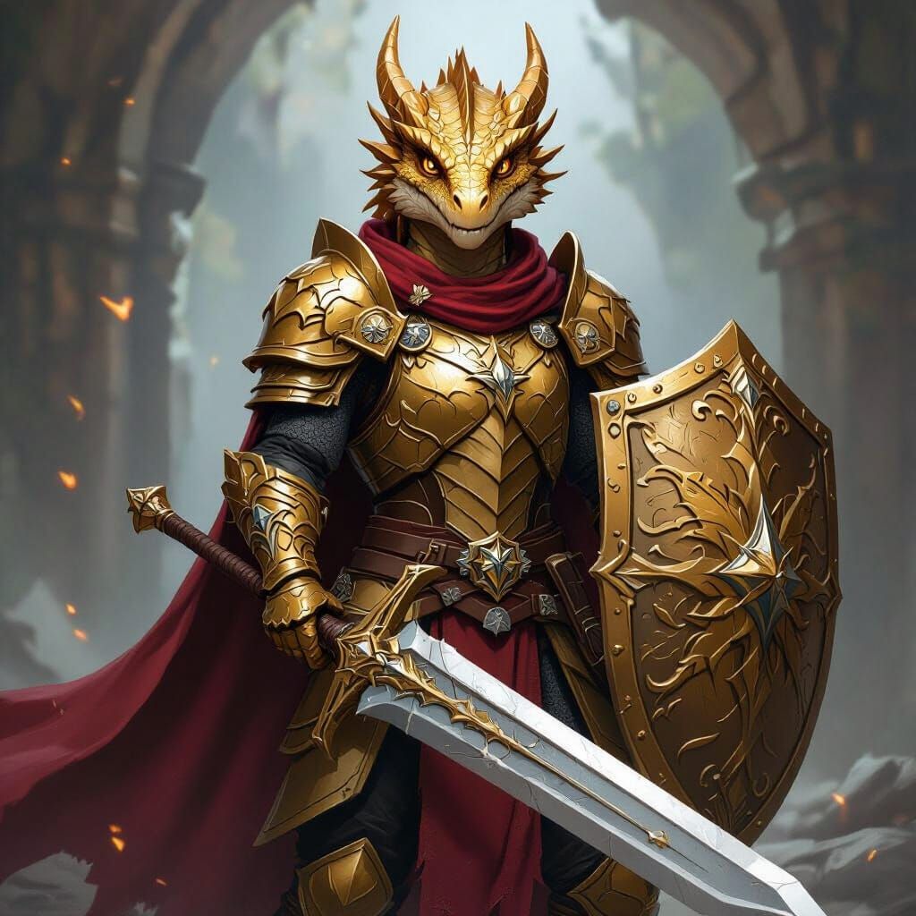 Young Gold Dragonborn Paladin with Shield and Greatsword