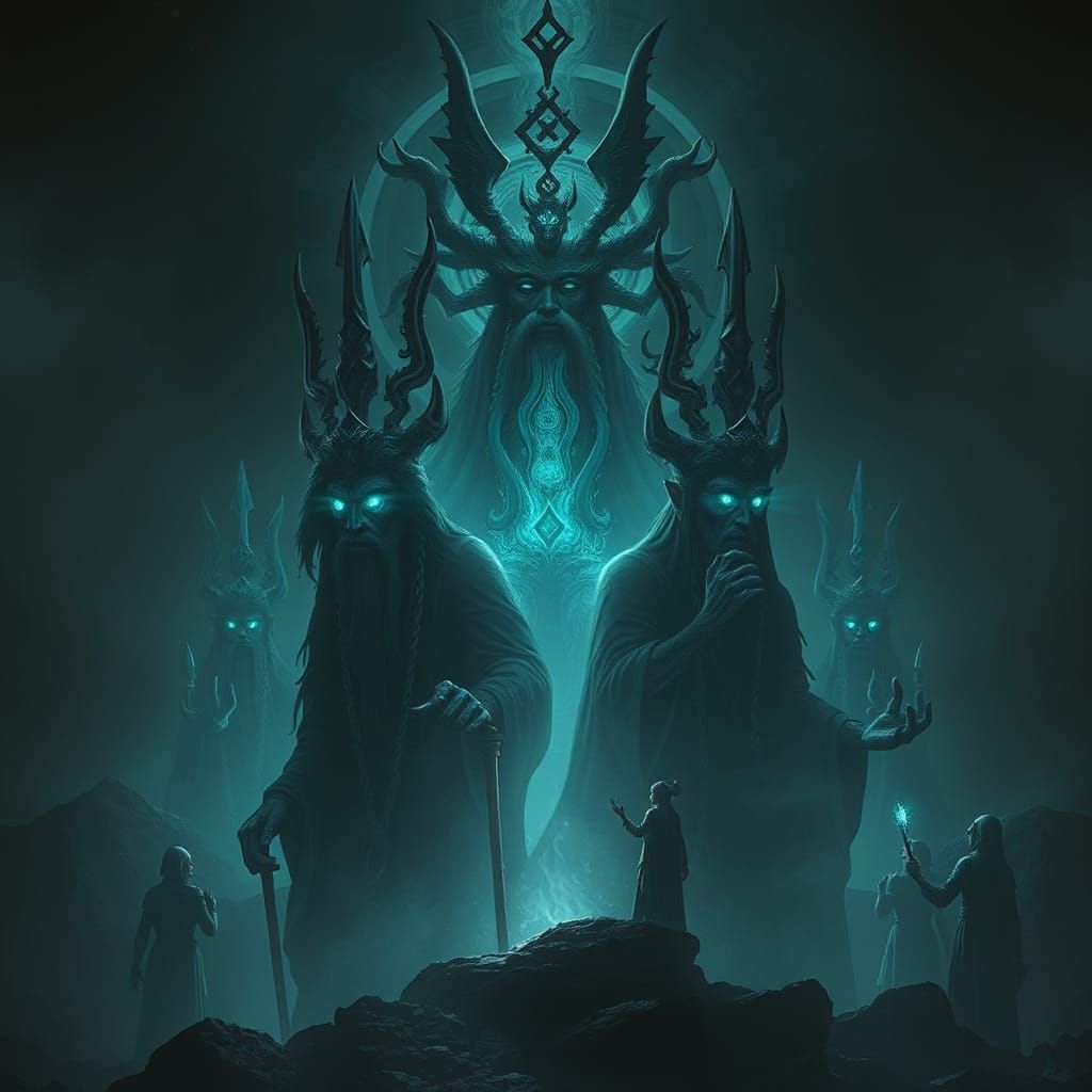 Ethereal Deities Emerge from Darkness in Mystical Style