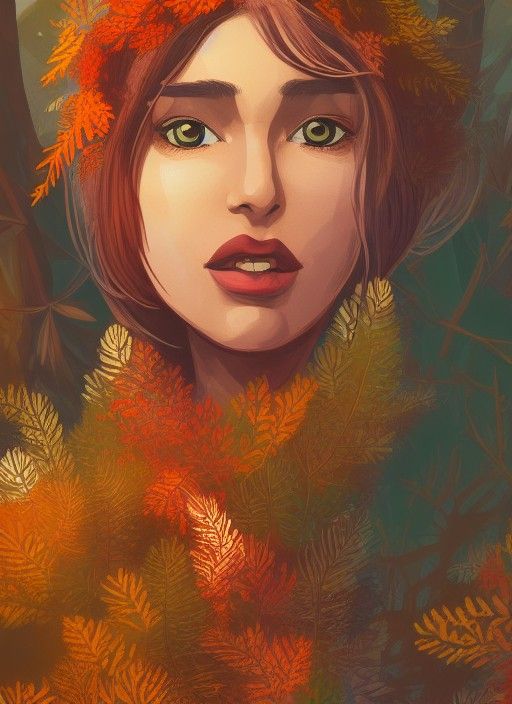 Beautiful Woman in Autumn Forest Illustration