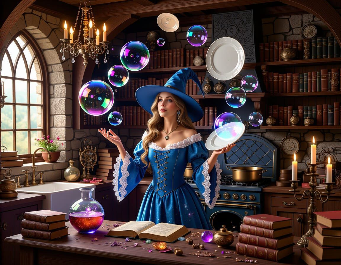 Witch Levitating Dishes in Magical Medieval Kitchen